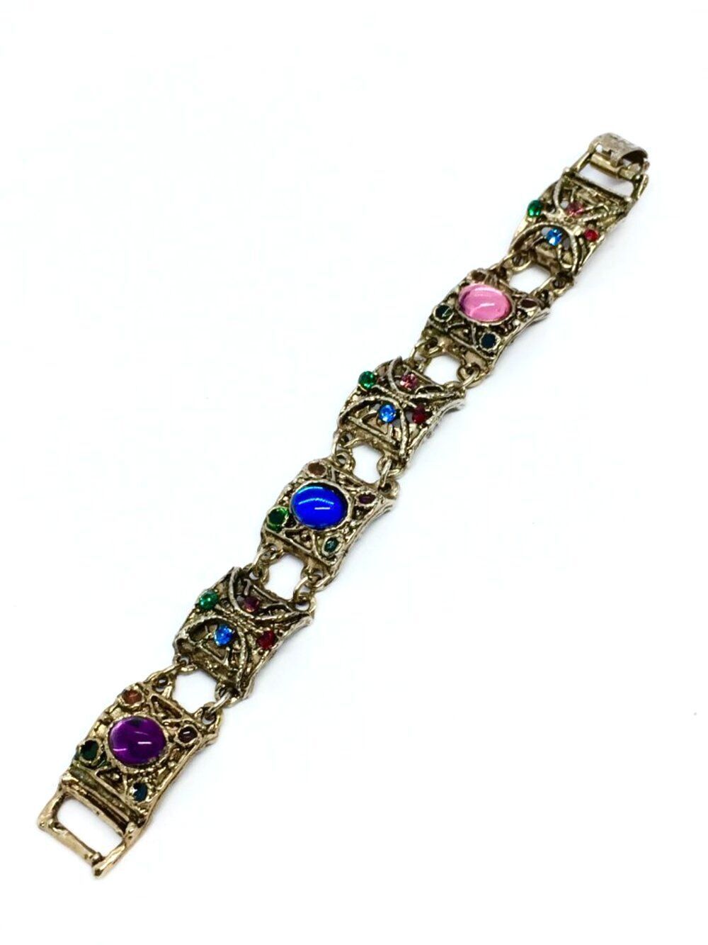 VINTAGE ORNATE PANEL Bracelet Colorful Cabochon Rhinestone Antiqued Gold Tone